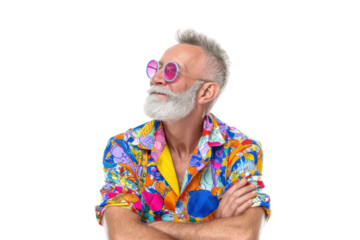 Elderly caucasian male in colorful shirt and sunglasses with confident pose, cut out