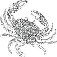 Ornate Mandala Crab Intricate Line Art Design for Coloring Pages, Tattoos, and More