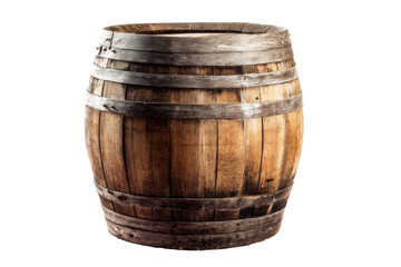 Vintage wooden barrel with metal hoops isolated on black background, cut out