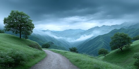 a realistic image of fog and rain obscuring mountain roads during the monsoon