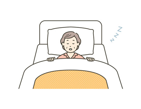 recommend clip art: ベッドで熟睡するパジャマ姿の高齢女性のイラスト