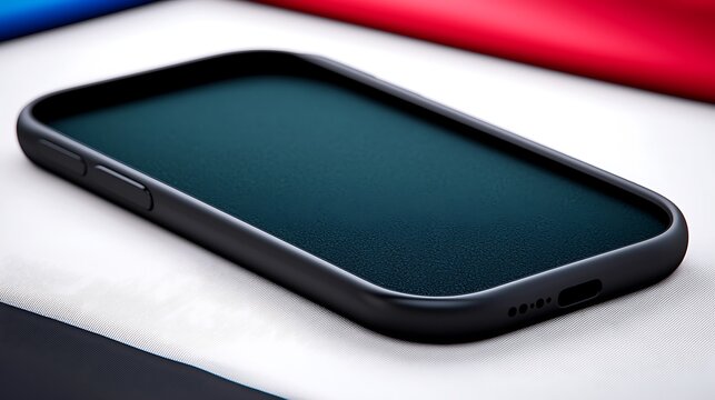 Close-up of a sleek black smartphone case resting on a textured surface with colorful backgrounds - Powered by Adobe