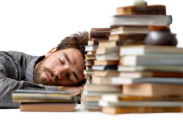 Young caucasian male sleeping amidst stacks of books in a study environment, cut out