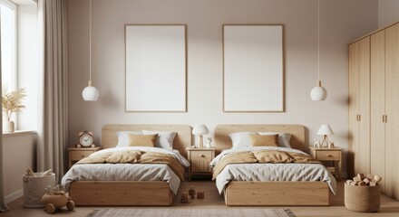 Modern Childrens Bedroom Interior Design with Wooden Beds and Neutral Tones