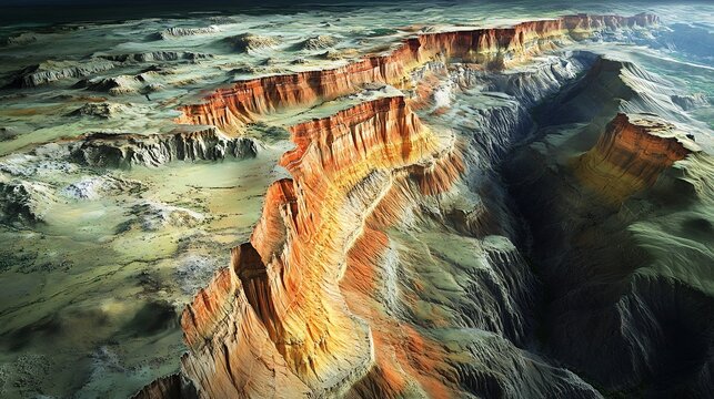 Tectonic heritage corridor with fault scarp visualization synclinal basin formation and interpretive markers denoting continental plate activity over geologic timeframes
