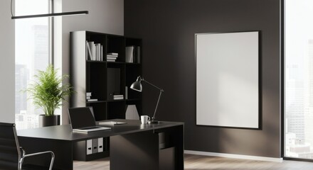 Modern minimalist office workspace with black desk laptop plant and large blank poster for design presentation