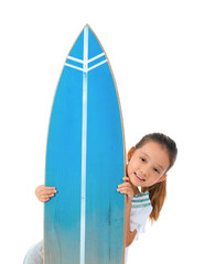 Little Asian girl with surfboard on white background