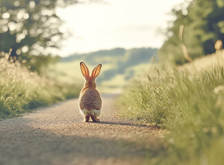 Solitary bunny wandering on pathway amidst golden hour natural setting