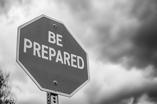 Monochrome 'Be Prepared' sign against a dramatic sky, emergency preparedness, warning sign, caution, safety, alert, preparedness concept.

