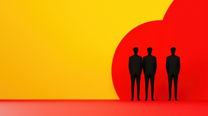 Three Business Figures in Black Suits Against Bold Yellow and Red