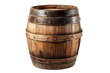 Rustic wooden barrel with metal bands on a white background, cut out