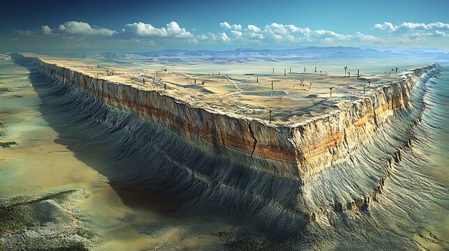 Tectonic heritage corridor with fault scarp visualization synclinal basin formation and interpretive markers denoting continental plate activity over geologic timeframes