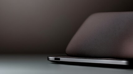 Close-up of a sleek laptop resting on a smooth surface with soft lighting in the background