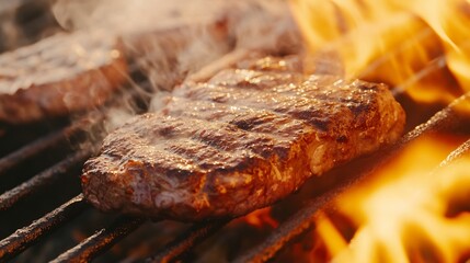 Close up of steak sizzling in a pan while cooking Grilling meat lovers