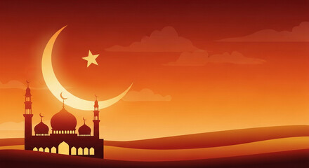 A mosque and crescent moon illustrated in rich sunset hues of burnt orange, sandy beige, and deep reds, set against a soft gradient background that evokes the serene colors of a desert twilight sky.