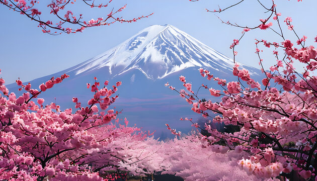 Pink sakura with mount view