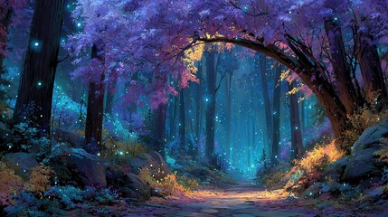 Obraz premium Mystical Fantasy Forest with Glowing Tree Trunks - Blue Ethereal Light Illuminating Archway Path Through Dense Canopy, Dappled Shadows on Foreground Trail for Fantasy Book Covers, Game Environments, 