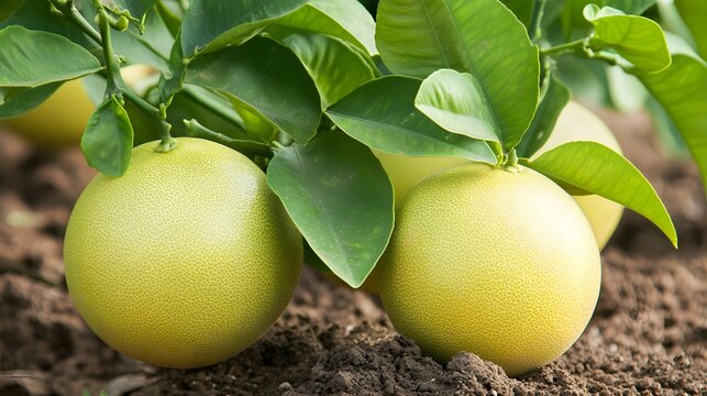 Close-up view of two ripe pomelos on a tree.
