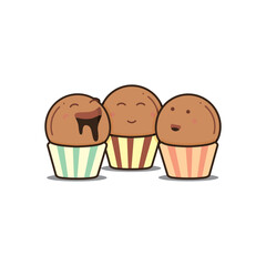 Three cheerful cartoon cupcakes with expressive faces in colorful wrappers