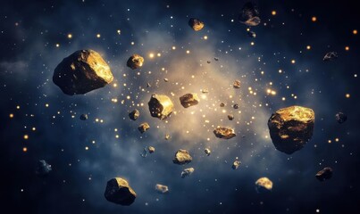 Golden asteroids drift in nebula; space background
