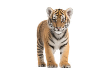 Obraz premium Adorable young tiger cub standing confidently with striped fur, cut out