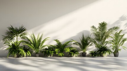 Fototapeta premium Arrangement of various plants in planters against a light wall.