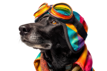 Stylish dog in colorful aviator goggles and scarf on black background, cut out