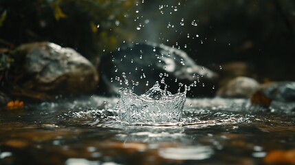 Water Droplet Splashing in Creek Nature Scene Tranquil River Flowing Water Drops Crystal Clear Fresh Pure Water Background Image High Resolution Photography eco rock dark