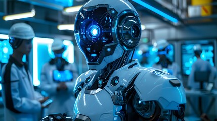 Fototapeta premium A sleek ultra-realistic humanoid robot with glowing eyes and metallic skin 