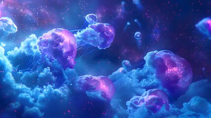 Naklejka premium A surreal jellyfish-cat hybrid floating in a cosmic deep space environment