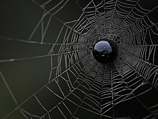 A Precision Macro Photography Shot of a Reflective Droplet on a Thin Spider's Silk with a Minimalist Background