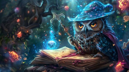 A wise owl dressed as a wizard wearing a starry cloak and holding a magical staff