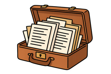 Open vintage brown briefcase containing confidential files and documents, isolated on transparent background, ideal for security and business concepts