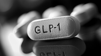 The term "GLP-1" spelled out using an arrangement of pills in white, gold, and silver tones, set against a bright background with ample caption space on the side. The image symbolizes modern medicine,