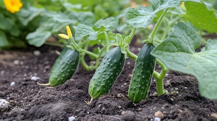 Obraz premium Two young cucumbers growing in dark soil.