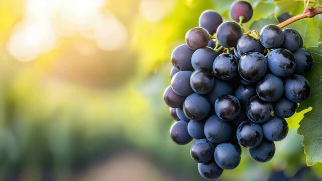 Serene vineyard scene with ripe grapes in soft golden light. Handheld close-up, perfect for peaceful nature projects.