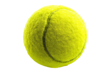 Close-up of textured yellow tennis ball on black background, cut out