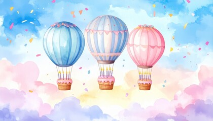 Colorful Hot Air Balloons Floating Above Soft Pastel Clouds In A Dreamy Sky