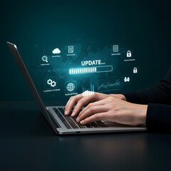 Obraz premium Software Update Progress on Laptop Screen Showing Data Synchronization and Network Connection
