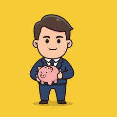 A cute vector illustration of a male banker wearing a dark blue suit, smiling while presenting a piggy bank, perfect for promoting financial literacy and banking services.