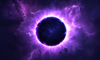 Purple energy sphere in space; cosmic background; science fiction art