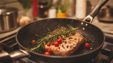 Close up of searing meat while cooking Flavor development no text