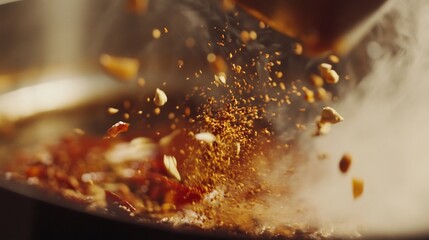 Close up of spices being added a dish during cooking Flavor enhancement aromatic
