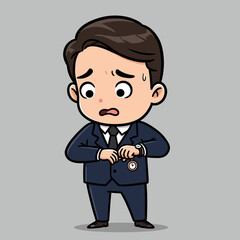 A cartoon businessman in a navy blue suit looks worried while checking his wristwatch, sweating and clearly stressed about being late.