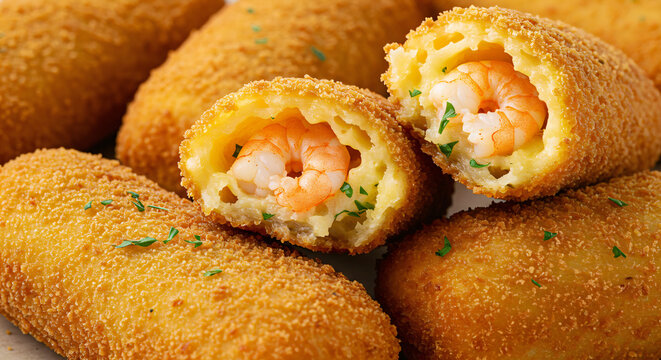 Close-up of golden-brown, breaded croquettes filled with shrimp. They have a crispy outer texture, and some are garnished with chopped herbs.