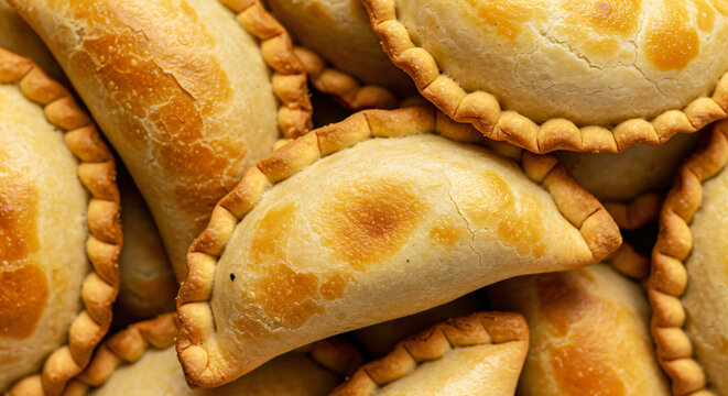 Pile of baked empanadas. These pastries have a golden-brown crust, with a crimped edge, indicating they are freshly baked and likely filled with savory ingredients.