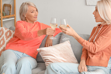 Mature female friends drinking wine at home