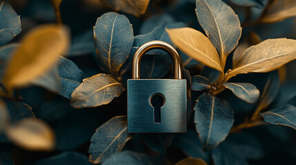 A green lock resting on lush foliage symbolizes nature conservation and environmental security, with caption space on the side. The image conveys protection, sustainability, and eco-friendly responsib