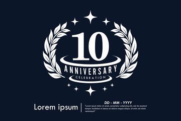 10th years anniversary celebration emblem. congratulations anniversary logo isolated with laurel wreath and stars on Black background. vector illustration template design