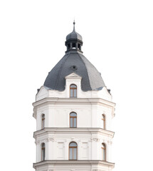 Fototapeta premium Elegant white historic tower with ornate roof and windows against clear sky, cut out
